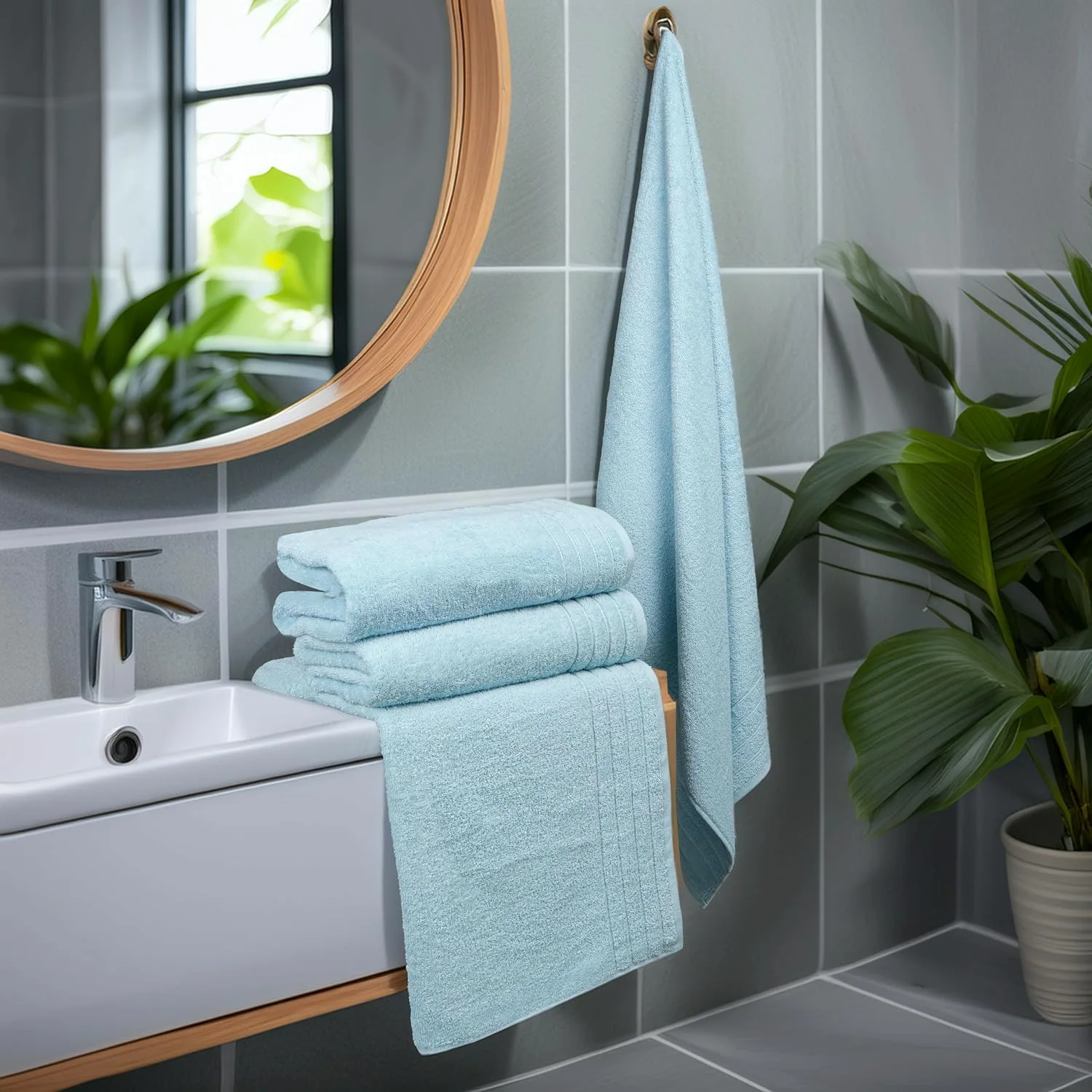 Sky blue bath sheets hanging over a tub edge